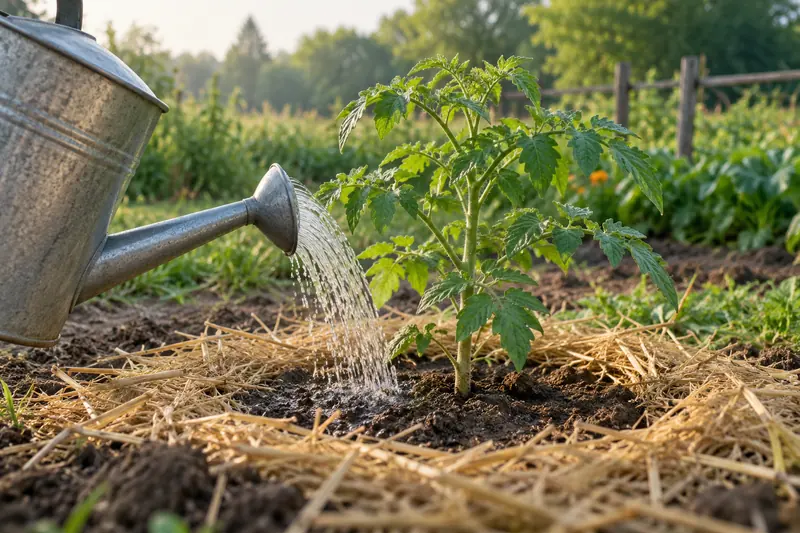 Arrosoir apportant l’eau au sol près d’un jeune plant de tomate, illustration IA