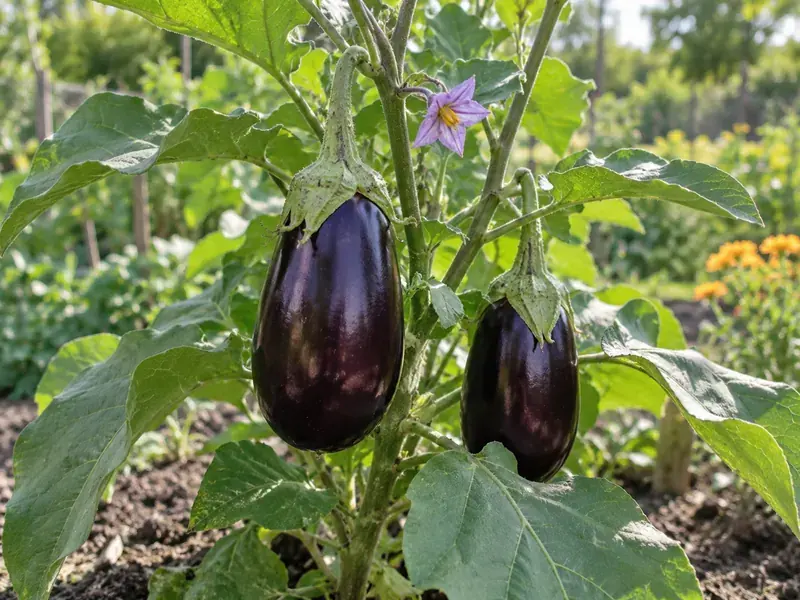 Aubergines violettes et fleur sur leur plant