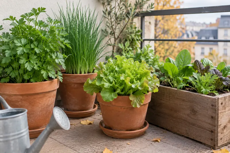 Pots d’aromatiques et laitue sur un balcon, illustration IA