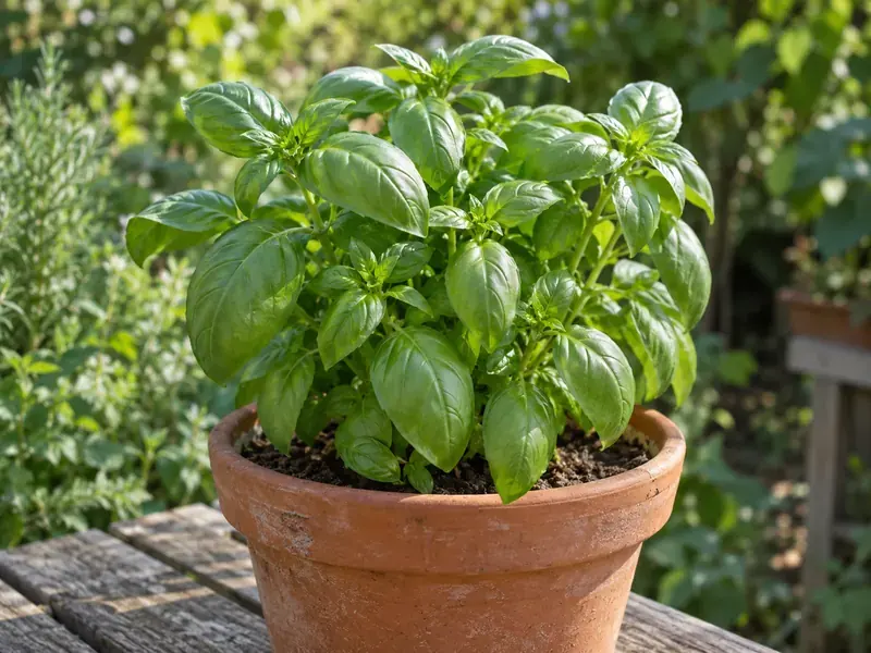 Basilic en feuilles dans un pot en terre cuite