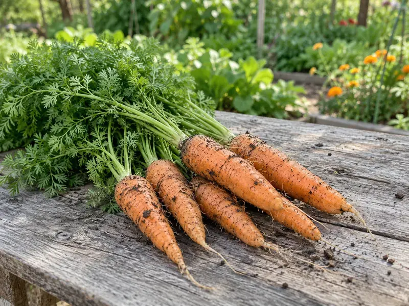 Carottes récoltées avec leurs fanes sur une table en bois