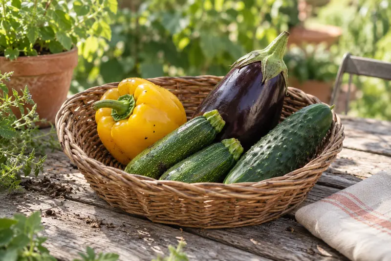 Poivron jaune, aubergine, courgettes et concombre dans un panier, illustration IA