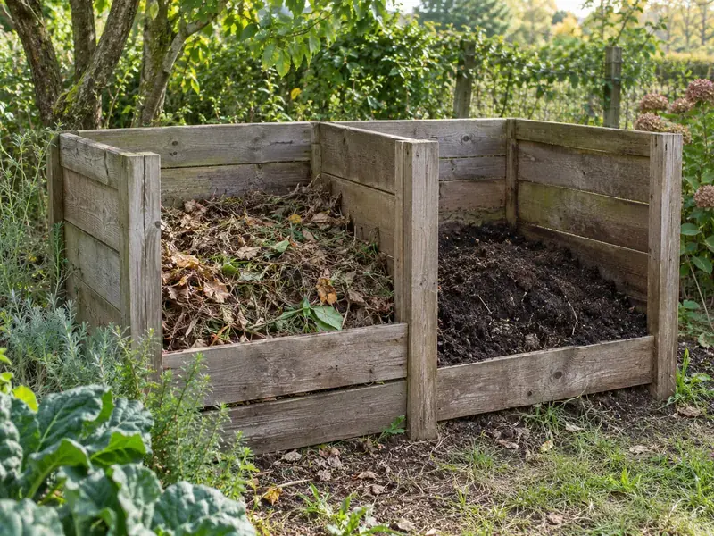 Deux bacs de compostage en bois avec matières végétales et compost