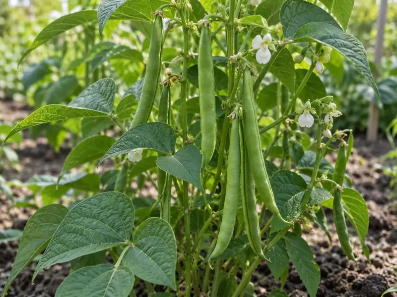 Gousses vertes et fleurs de haricot sur leur plant