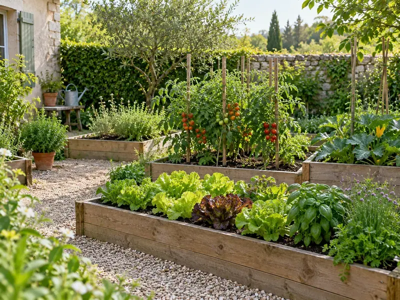 Planches surélevées de légumes et aromatiques dans un potager