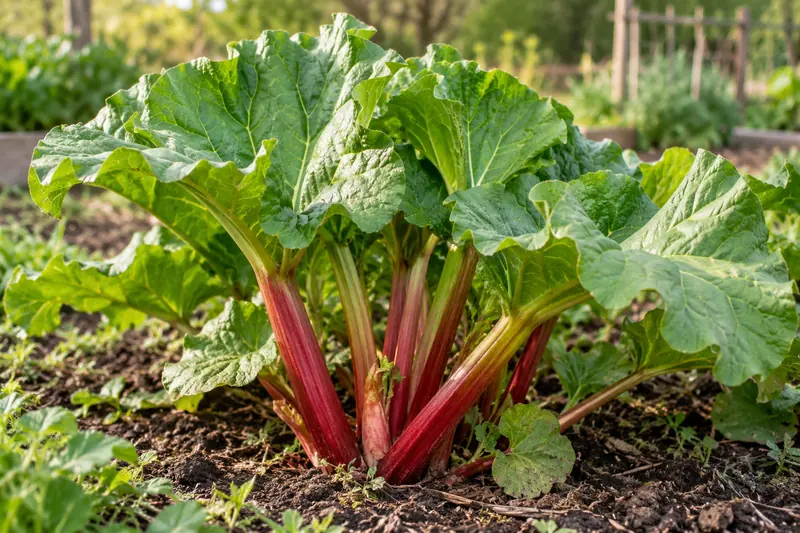 Touffe de rhubarbe, feuilles larges et pétioles rouges, illustration IA