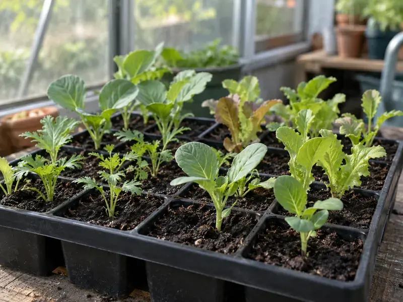 Jeunes plants de légumes en plaque alvéolée sous serre