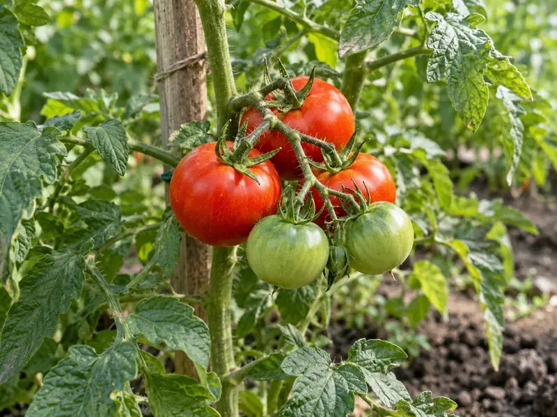 Tomates rouges et vertes sur leur plant
